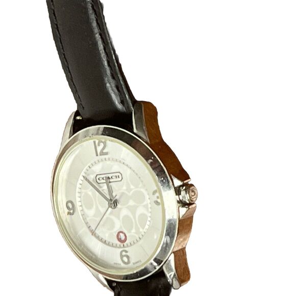 Coach Wrist Watch Ladies Analog Date Logo Silver-tone deBeer Black Leather Band‎ - Picture 6 of 9